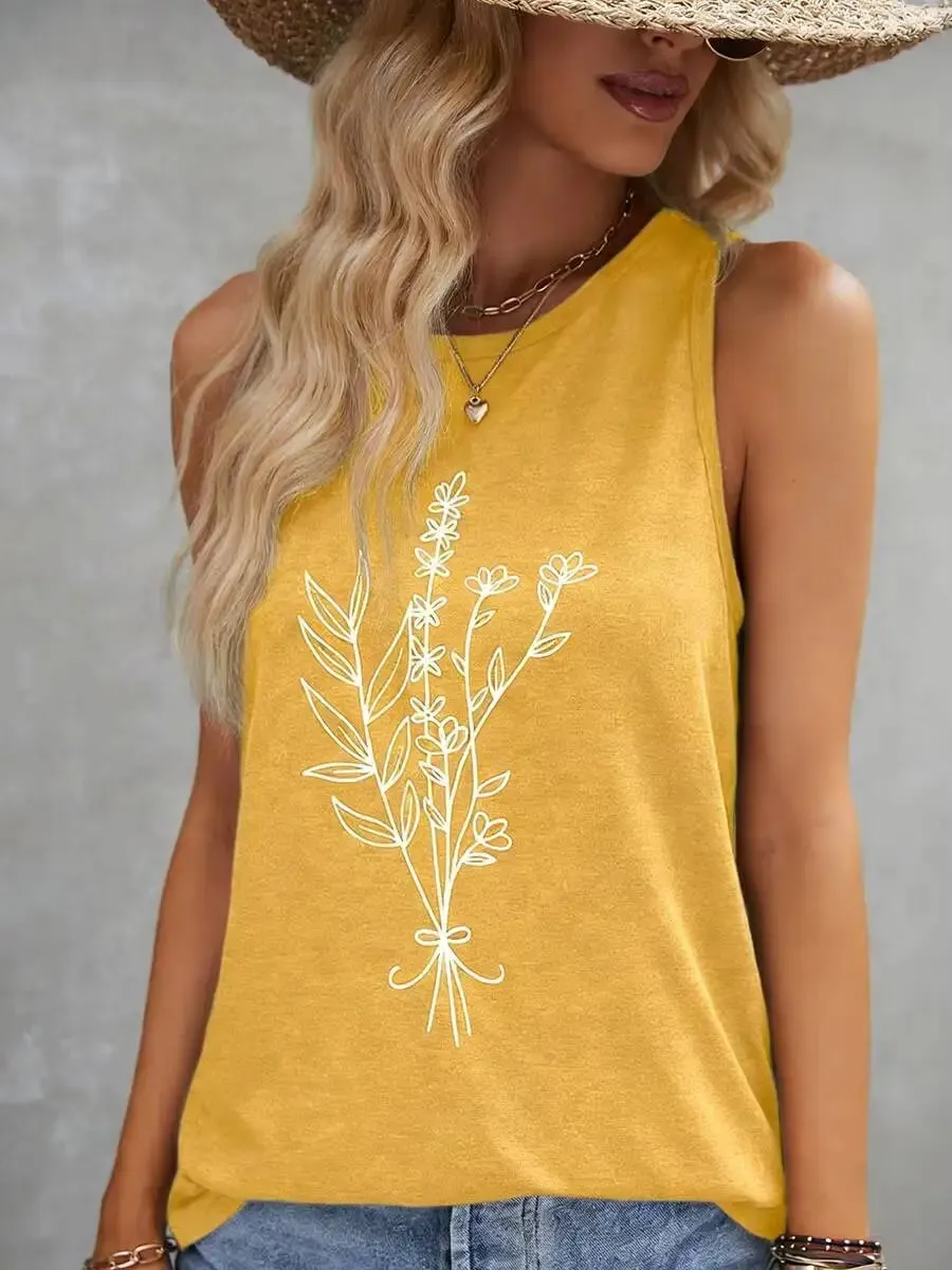 Casual Yellow Floral Print Round Neck Tank Top Loose Fit Sleeveless Blouse For Daily Vacation Beach Summer Outfits — image 7