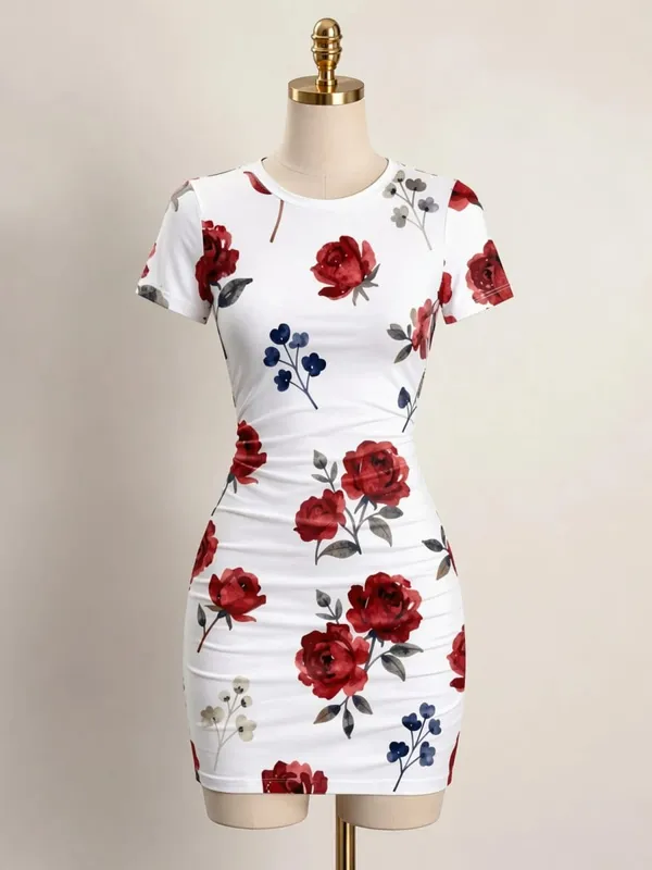 Womens Short Sleeve Bodycon Mini Dress Slim Fit Crew Neck Floral Print Casual Summer Party Cute Elegant Smooth Vacation Sundress — image 10