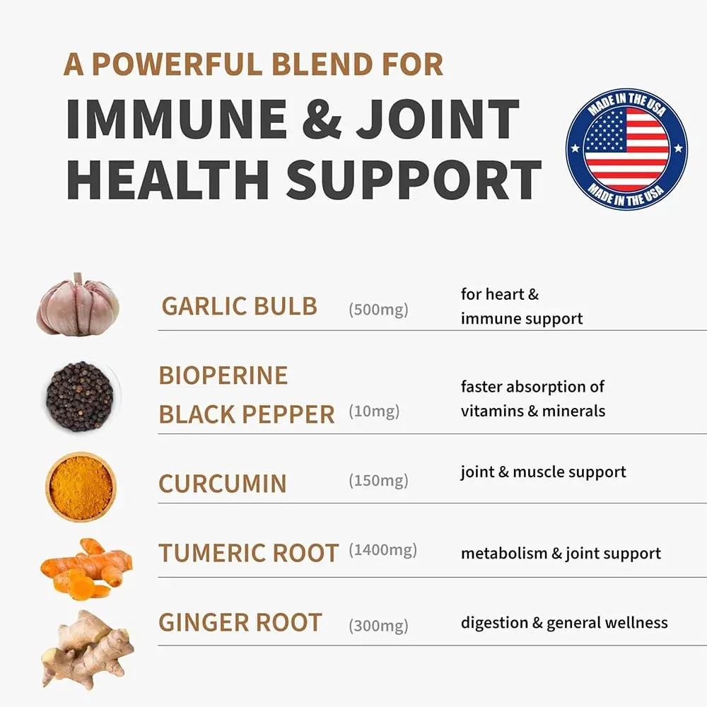 4-in-1 Turmeric and Garlic Supplements with Bioperine 2360 mg Ginger Root Capsules for Joint Digestion & Immune Health Support