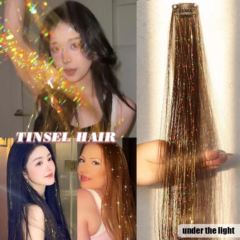 2PCS light brown with tinsel Hair Extensions 24inch Sparkling Hair Clips Multicolored Clip In On Hair Extension Synthetic Hair