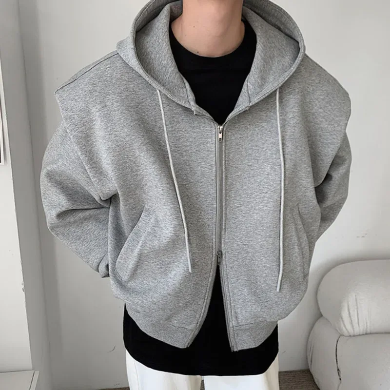 Autumn New Padded Shoulder Design Solid Streetwear Men Double Zip-up Hooded Sweatshirts Harajuku Casual Daily Hoodies — image 3