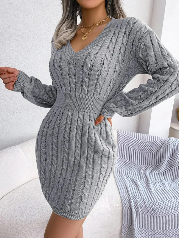 VigoCasey 2026 V Neck Casual Short Knit Dress Autumn Winter Women Solid Long Sleeve Dress Lady Khaki Bodycon Knitted Dresses