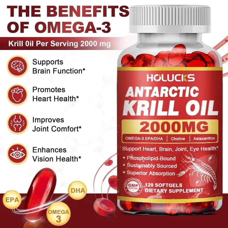 Antarctic Krill Oil Capsules 2000 mg Supplement with Astaxanthin Omega-3 EPA DHA Support Brain Joint Skin Heart Health