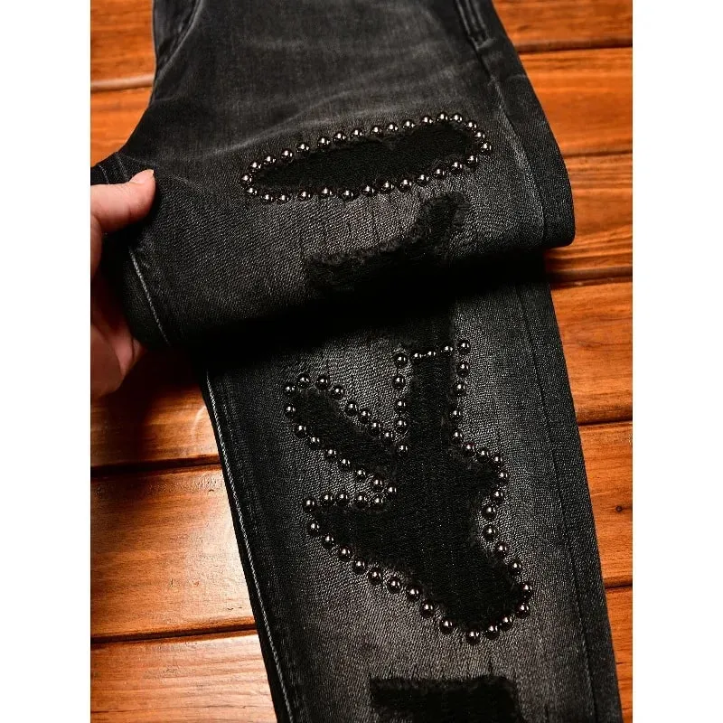 Street Designer Fashion Men Jeans High Quality Retro Black Stretch Slim Fit Hole Ripped Jeans Men Hip Hop Vintage Denim Pants