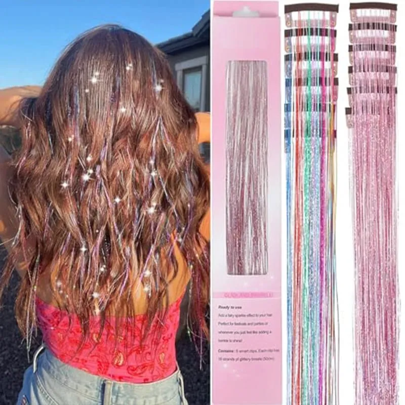 Red Hair Tinsel 12Pcs Clip in Hair Tinsel Kit 22Inch Tinsel Hair Extensions Christmas Hair Tinsel Party Festival Accessories