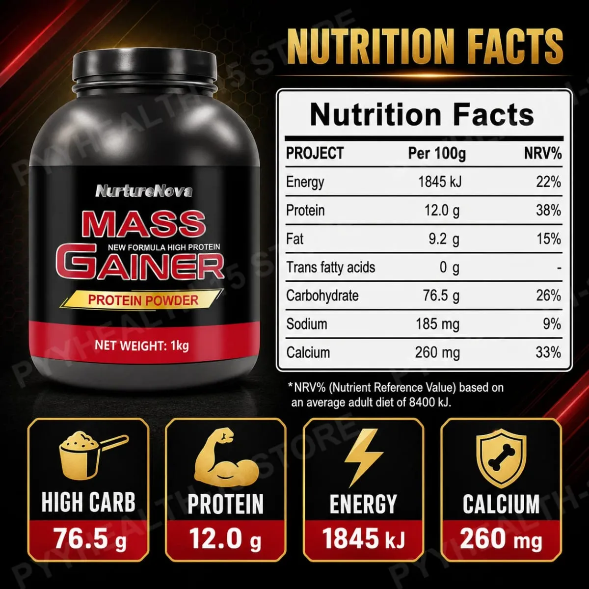 Mass Gainer Protein Powder 1kg Chocolate Flavor Carb Protein Shake Mix for Adults Fitness Nutrition Approx 20 Servings