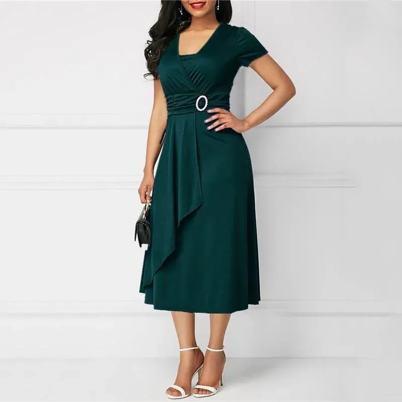 We.Fine Dress Women Solid Color Short Sleeve V Neck Asymmetric Hem Waist Midi Party Dress Elastic Female Dresses Woman Vestidos