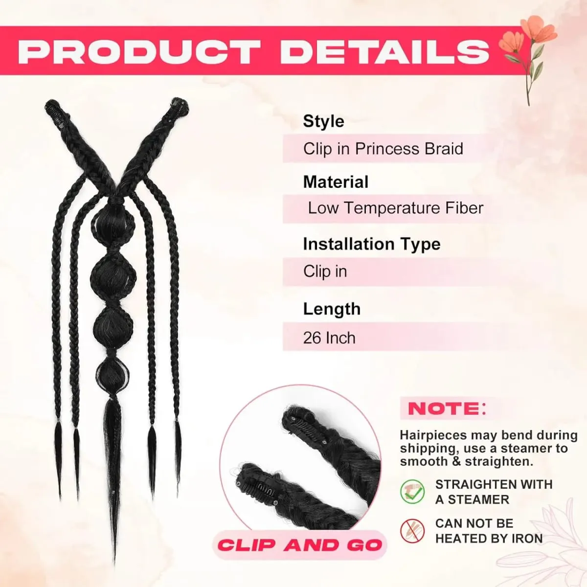 Synthetic Clip in Braid Hair Extensions - Boho Festival Princess Braid Hair Extension Fairy Cosplay Wedding Hairpiece for Women