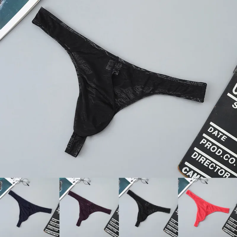 Homens rendas jacquard g-string roupa interior alta elástico grande bolsa tanga calcinha sexy gays erótico t-back cuecas