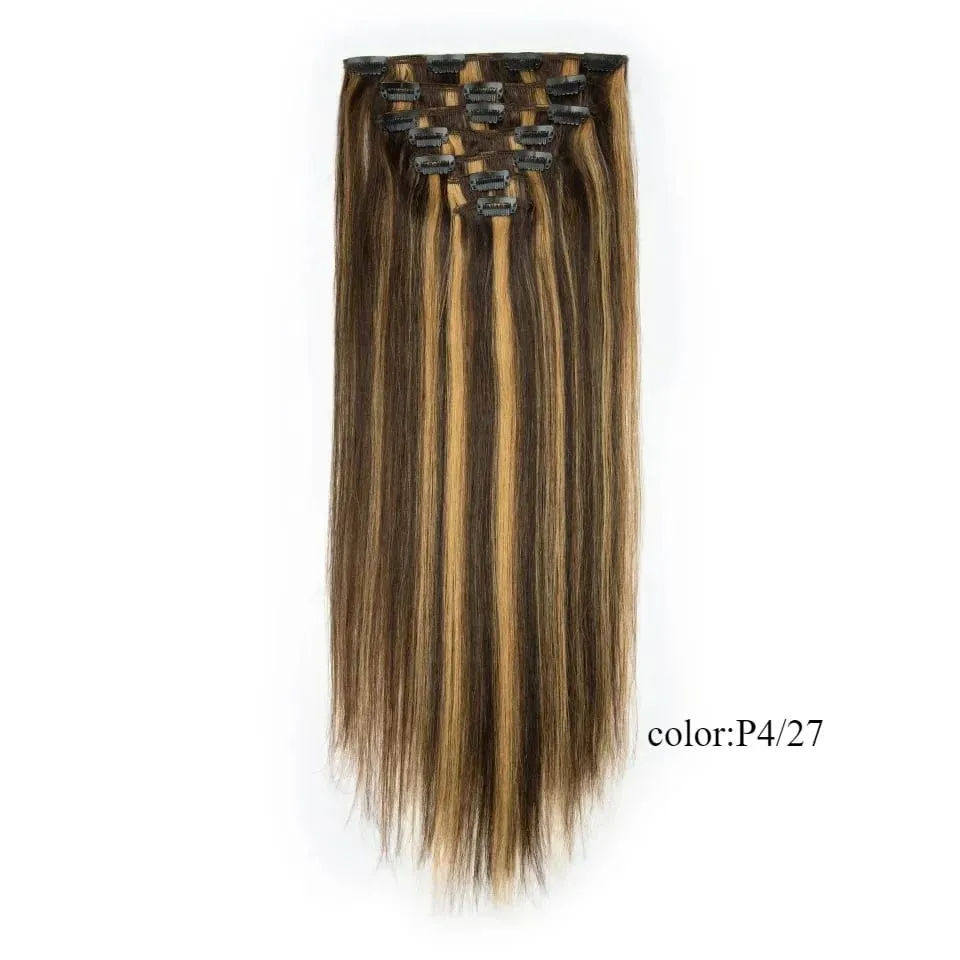7PCS Double Weft Balayage Clip in Human Hair Extensions Light Brown to Bleach Blonde Ombre Remy Natural Straight Seamless for Wo