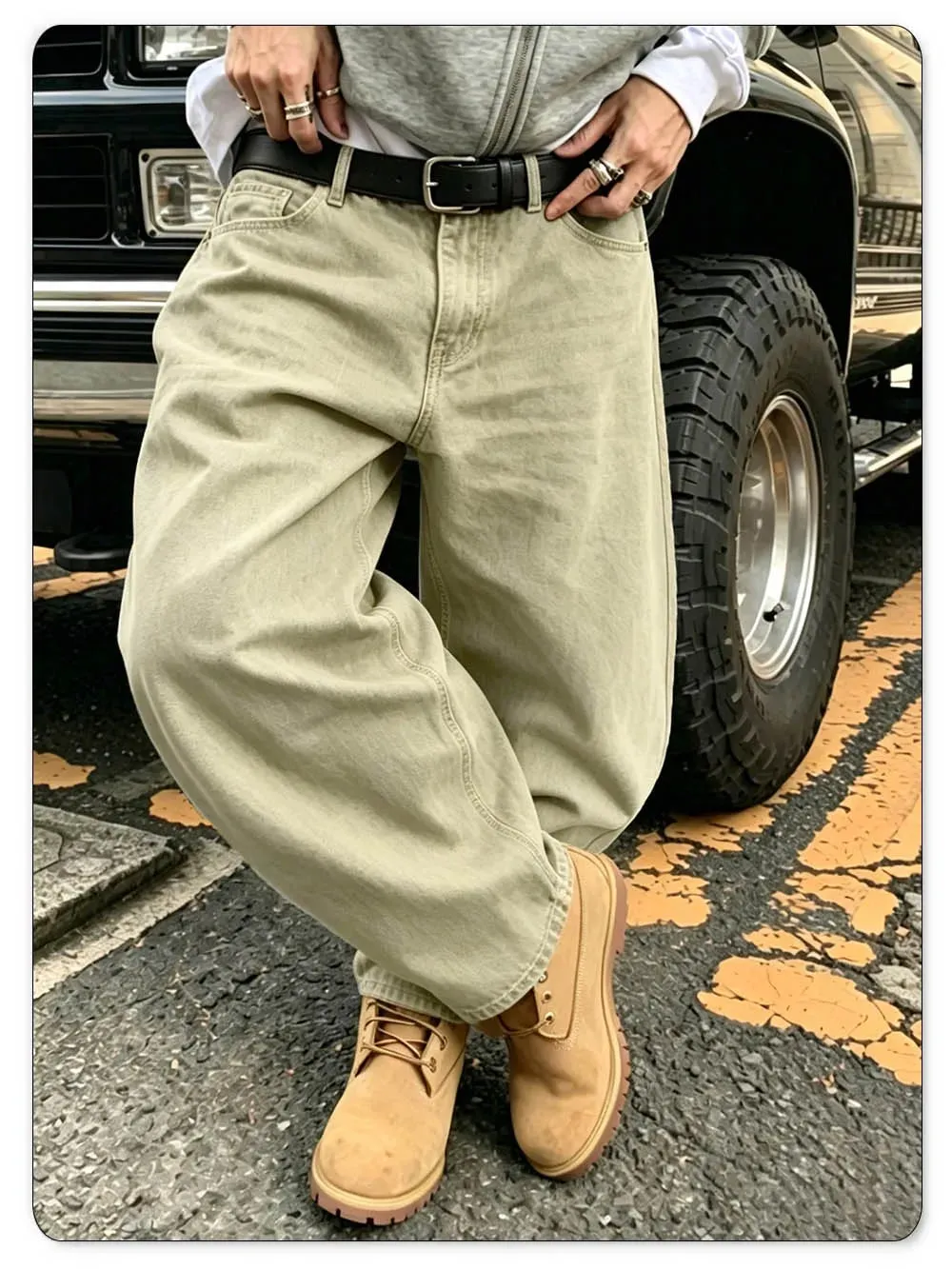 Men's American Retro Light Khaki Wide Leg Curved Jeans Loose Straight Tube Washed Work Pants High Street Fashion Versatile