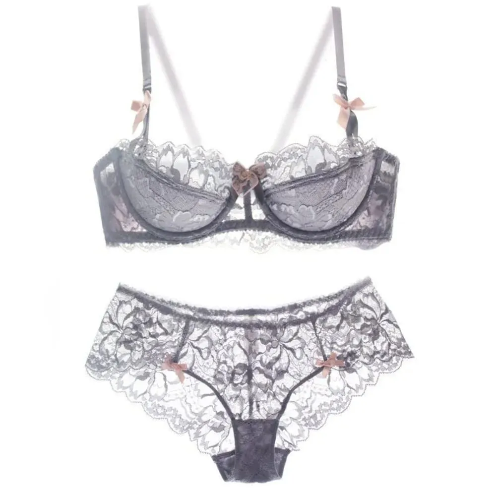 セクシー French Lace Half Cup Bra Set Bow Shoulder Strap Thin Large Bust Minimizer Pure Desire Lingerie For Teen Girls Daily Outfit