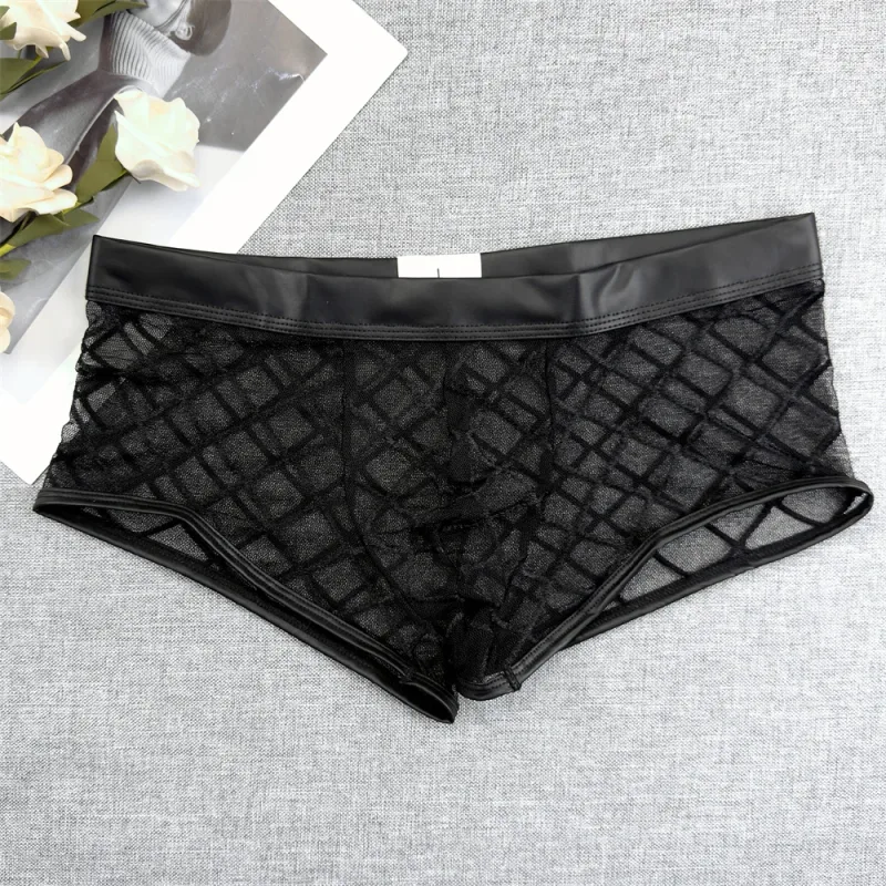 Male Sexy Diamond Mesh Ultra-thin Transparent Boxer Shorts Summer Quick Drying Boyshorts Bulge Pouch Men Underwear