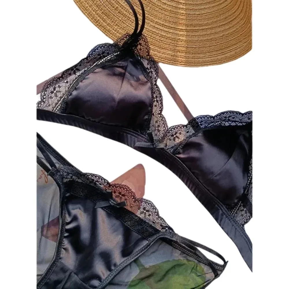 French Style Bralette No Underwire Sexy Lace Trim Small Cup Lingerie Cute 3-Piece Bra Set with Comfort Cup Shape Design S-xl