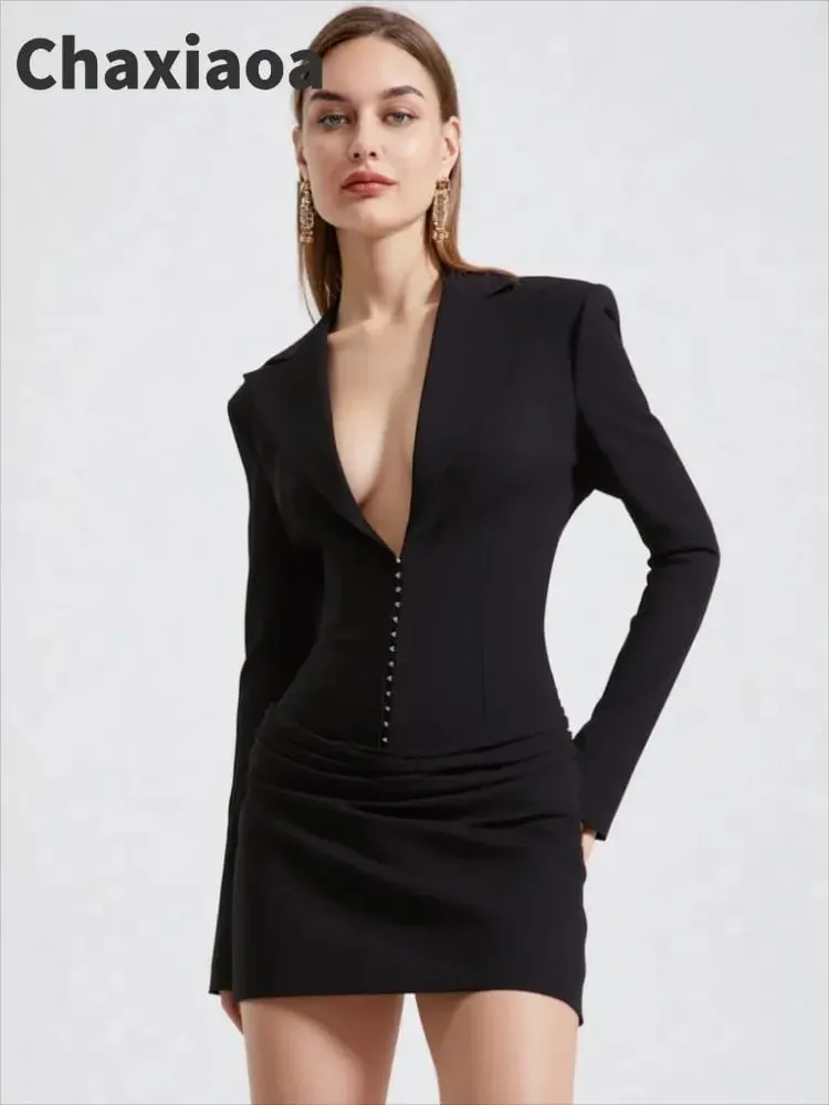 Chaxiaoa Long Sleeve Deep V Neck Ruched Sexy Mini Dress Women Autumn Winter Fashion High Waist Club Party Blazer Dresses Female