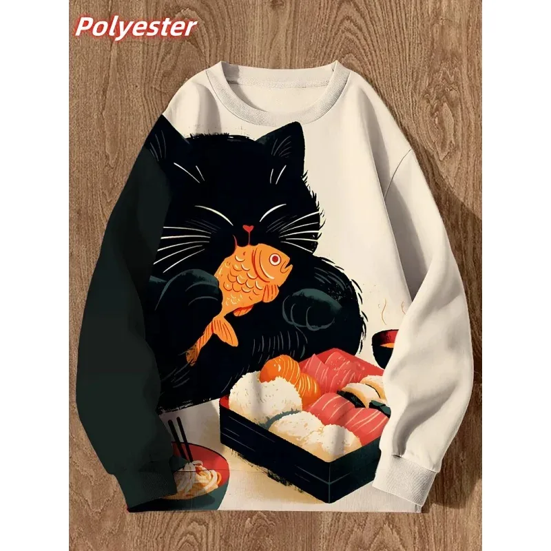 Cat Sushi Pattern Hoodie For Men Cute Animals 3D Printed Pullover Autumn Long Sleeve Loose Round Neck Hoodies Sweatshirt Tops