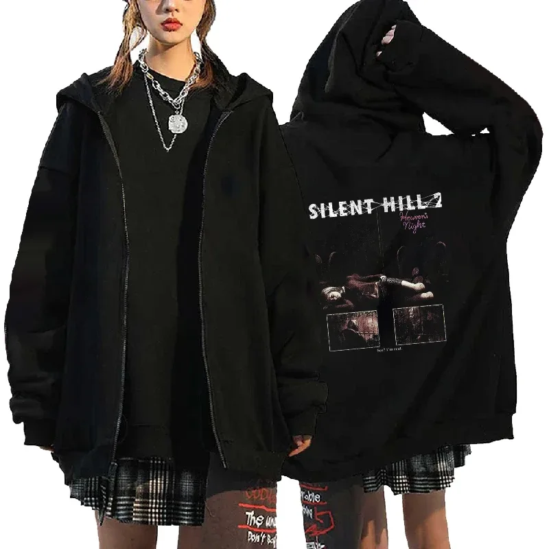 Anime Silent Hill 2 Pattern Print Graphic Zipper Hoodies Oversized Jacket Coat Sweatshirt Long Sleeves Cotton Men Women Clothing