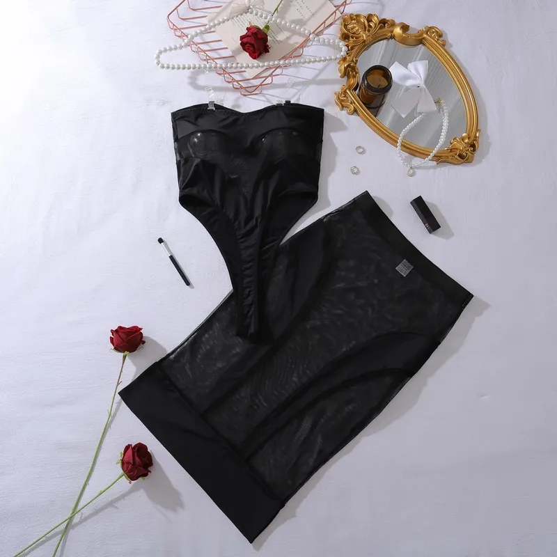 Elegant Hot Sexy Lingerie See Through Bodysuits Half Dress 2PC Sets Seductive Splicing Party Queen Costume Perspective Mesh Sets
