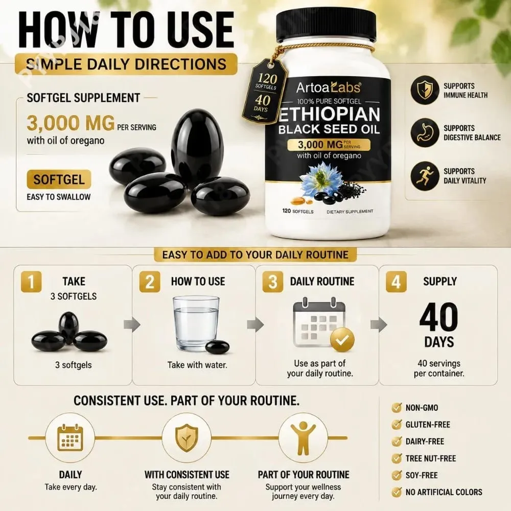Ethiopian Black Seed Oil 3000mg Softgels with Oil of Oregano Supports Immune Health Digestive Balance & Daily Vitality 120 Count