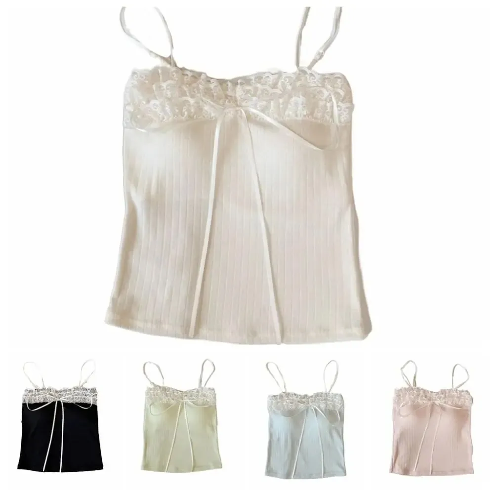 Korean Style Bow Slim Lace Crop Top Sweet Summer Girl's Vest Top Bottoming Shirt Spice Girls Style Camisole with Pads Lady