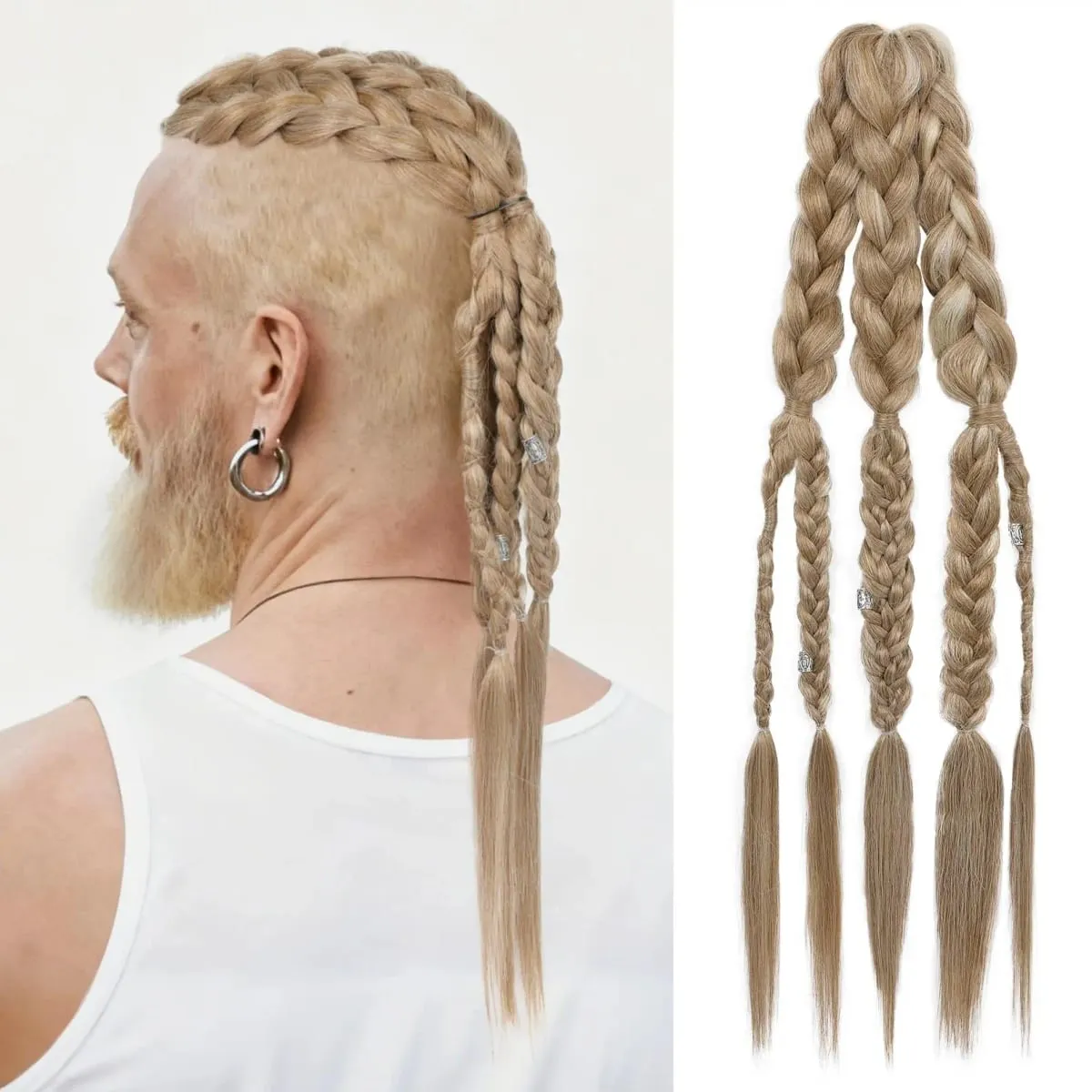 24" Clip In Braided Ponytail Hairpiece for Halloween Viking Costume Renaissance Warrior Accessories - Warm Brown with Highlights