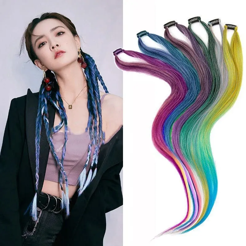 2PCS 60cm Synthetic Long Straight Hair Clips Rainbow Hair Extension Colored Red Green Blue Hairpiece for Women
