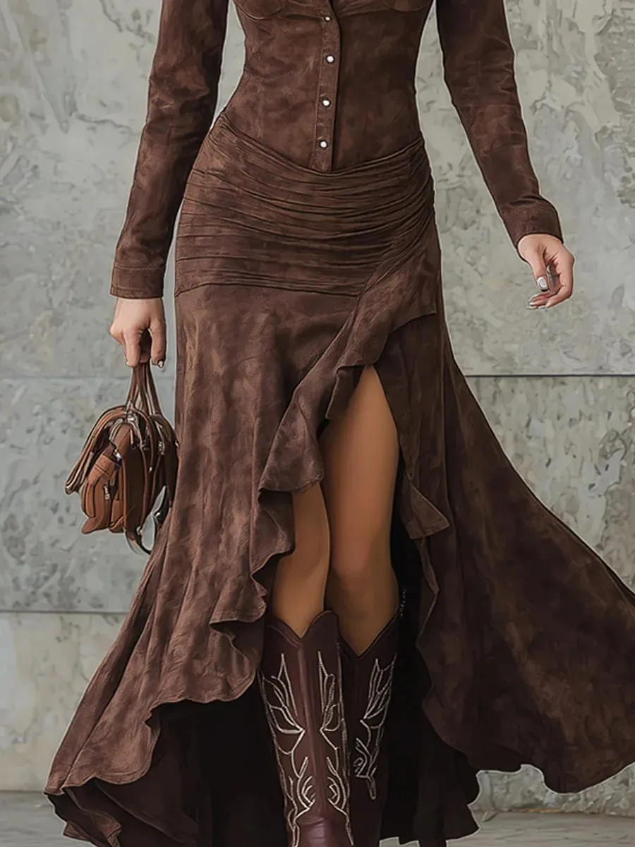 Elegant Retro Solid Color Dress For Women Spring Autumn Fashion New Lapel Button Long Sleeve Asymmetric Big Hem Long Dress