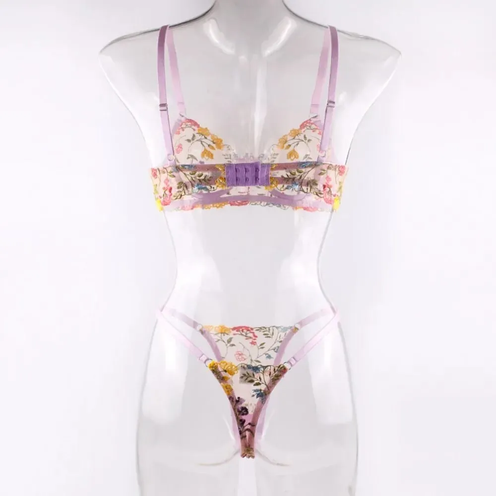 2-Piece Floral Lingerie Set Embroidery Versatile Underwear Intimates Underwire Push-up Sheer Bra Panty Set For Lady Girl