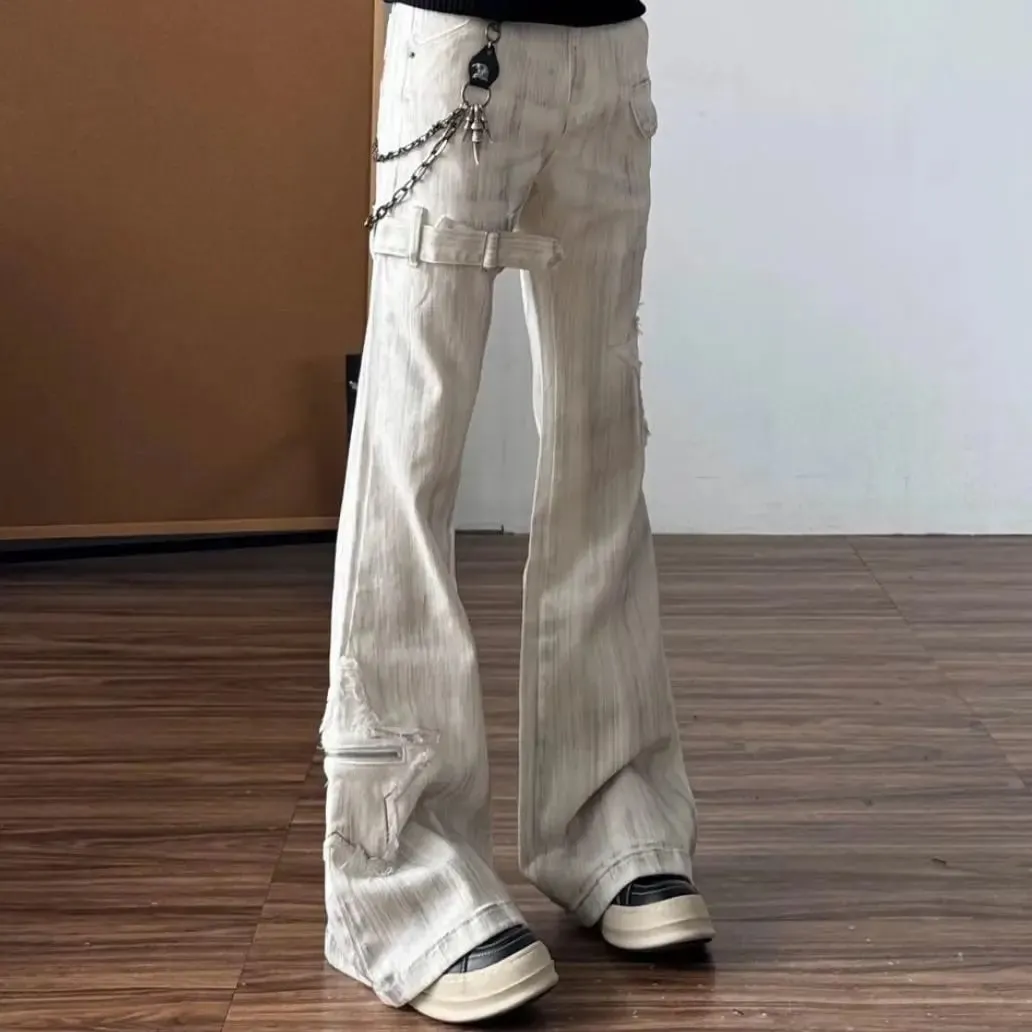 Women American Retro Y2K Flare Jeans White Washed Patchwork Y2K Vintage Hrajuku Punk High Waist Slim Streetwear Denim Pants — image 9