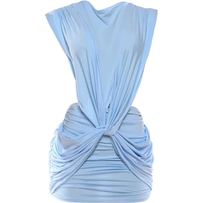 Kliou Ruched Kink Design Mini Dress Woman 2026 Spring New Style Deep V-Neck Sleeveless Skinny Peach Hip Street Elegant Bodycon