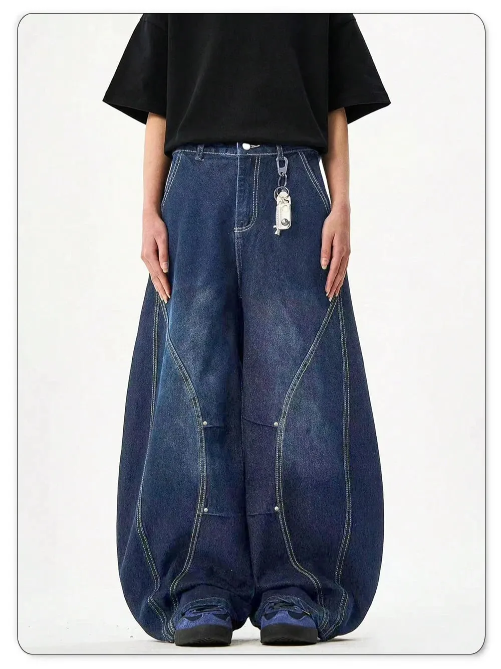 Men's American Retro Blue Loose Machete Wide Leg Jeans Unisex Baggy Straight Leg Sickle Denim Pants Deconstructed Balloon Pants