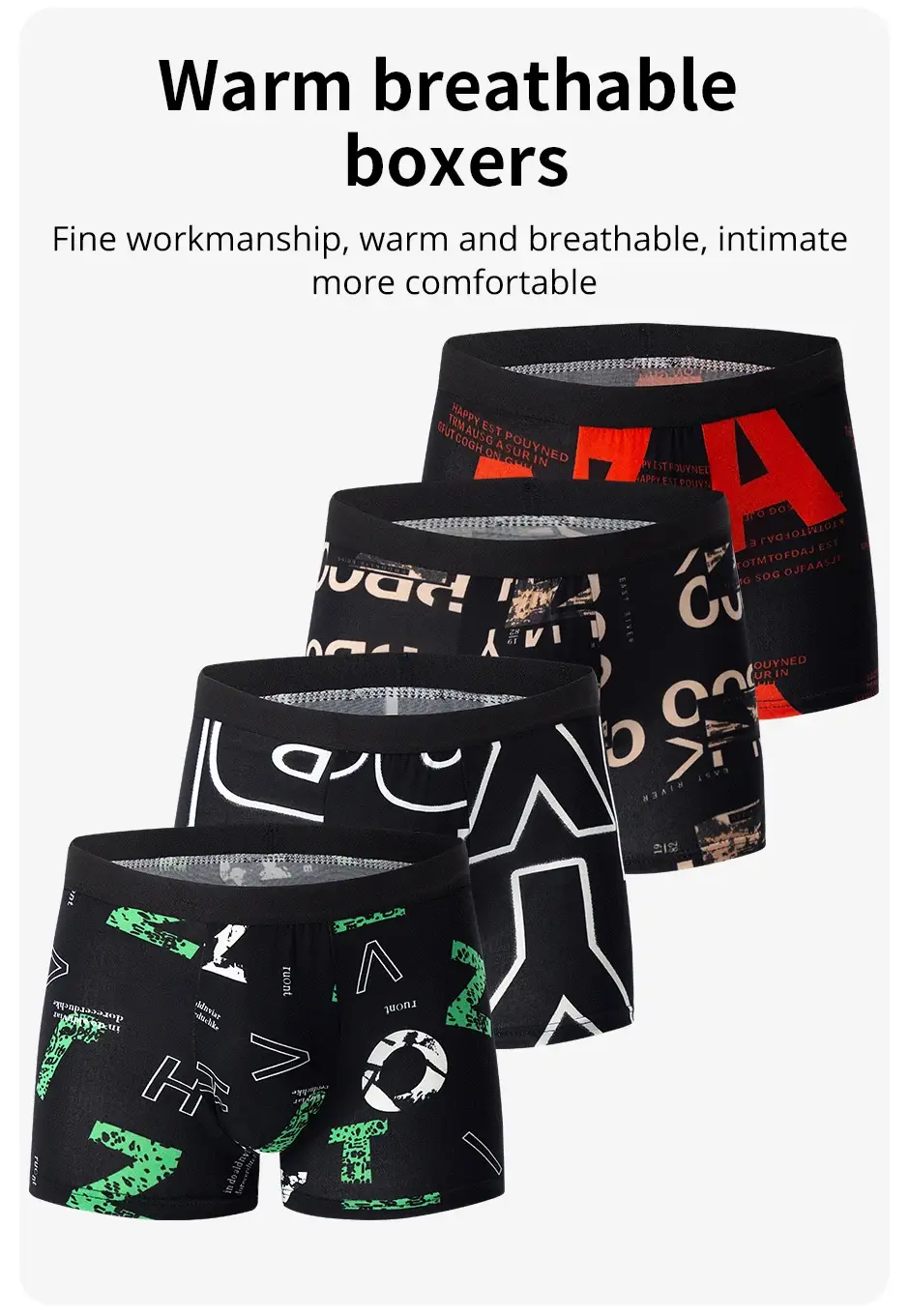Sous-vêtements imprimés MODE HOMMES 4 pièces Boxers respirants à l'entrejambe pour adolescents Sous-vêtements confortables grande taille jusqu'à 6XL.