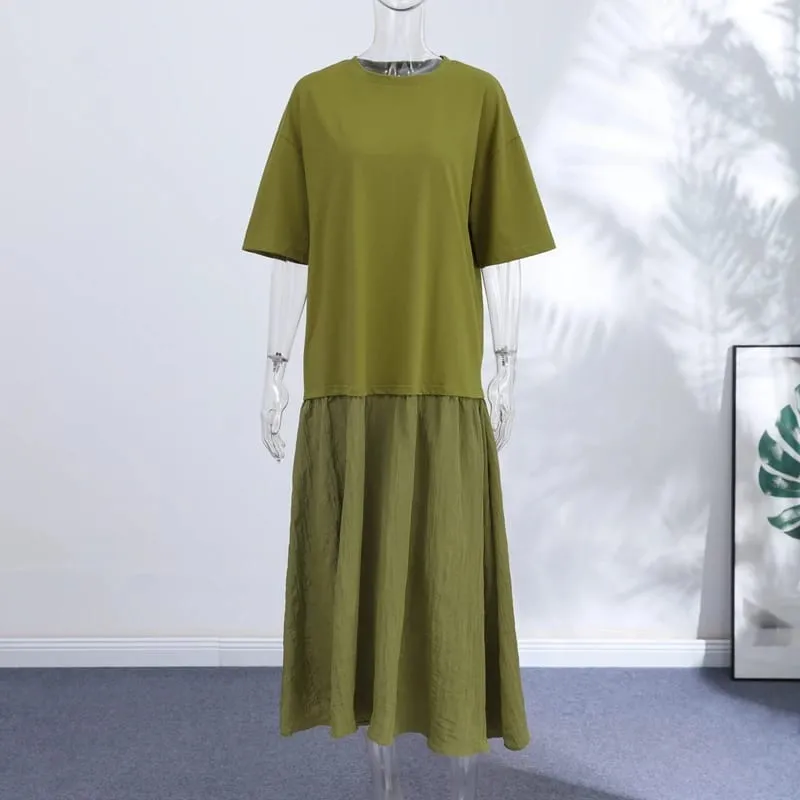 Loose Patchwork Women's Pleated Dresses Fashion Short Sleeve O-neck Long Robes 2026 Summer New Female Elegant Casual Dress