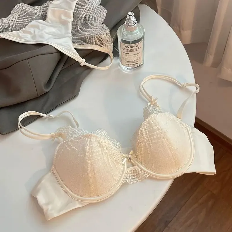 Ladies 2 Pieces Lace Underwear Suit Pure Desire Deep V Low Neck Thin Strap Soft Underwire Push Up Bra Briefs Sexy Lingerie 32‑38