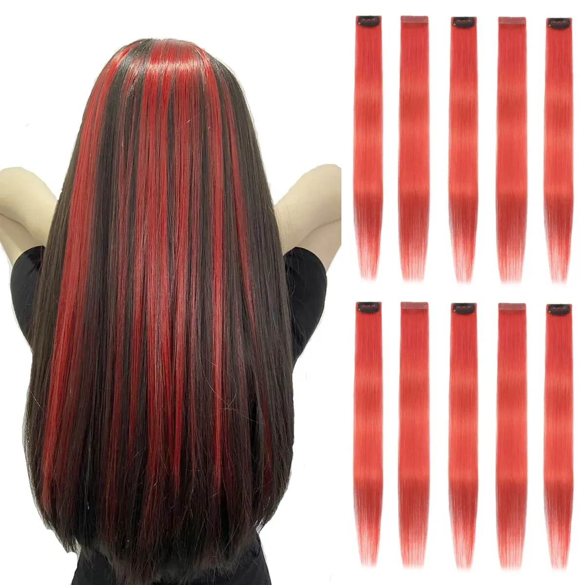 2 Pcs Green Hair Extensions 16Inches Straight Colored Hair Colorful Clip in Extensions Highlight Party for Girls and Women Gift