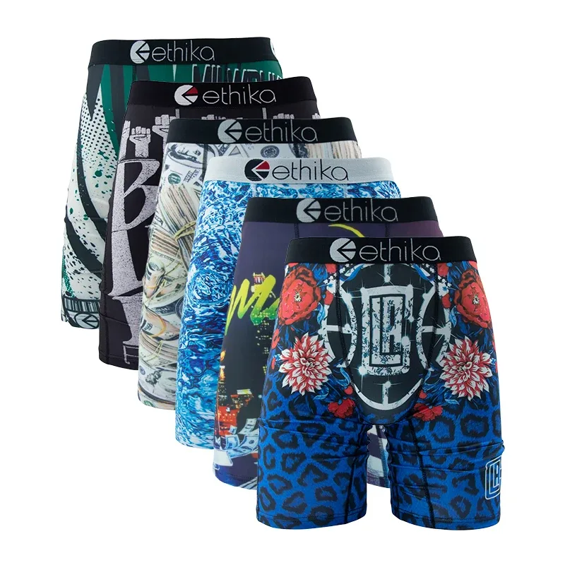 6Pcs Men Underwear Boxer Breathable Mesh Crotch Man Underpants Plus Size Print Mens Panties Trunks Sexy Men's Boxershorts