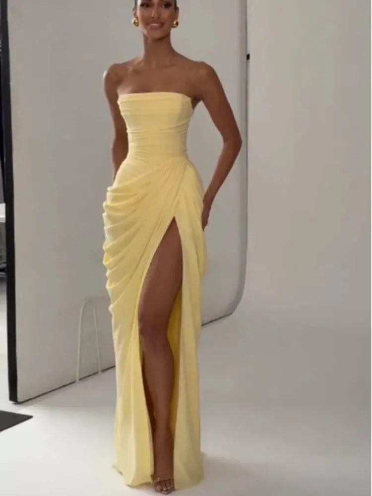 Elegant Yellow Strapless Pleated Dress Women Chic Sleeveless Waist Cinching Split Maxi Gowns Lady Evening Party Dresses 2026 New — image 6