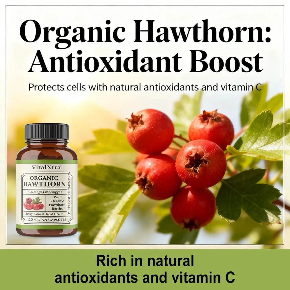 Organic Hawthorn Berry Capsules - Heart Health - Extra Strength 980mg Per Serving Vegan Non-GMO