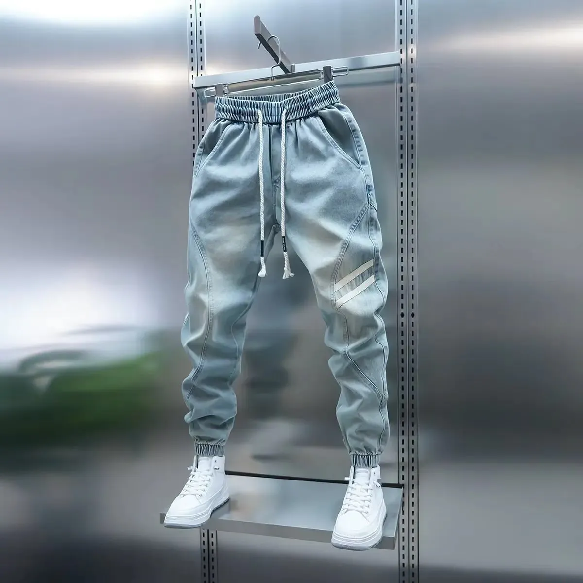 Street Elastic Jeans Men Denim Cargo Pants Wash Solid Color Multi Pockets Casual Mid Waist Trousers Daily Wear Joggers