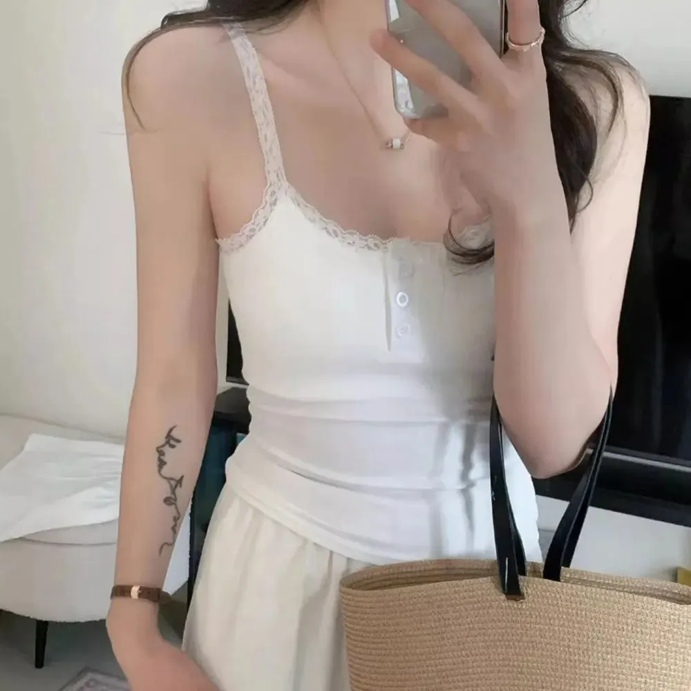 Y2K Lace Trim Spaghetti Strap Cami Top Button?Front Ribbed Knit Slim Fit Sleeveless Crop Camisole Women Casual Basic Tank Top