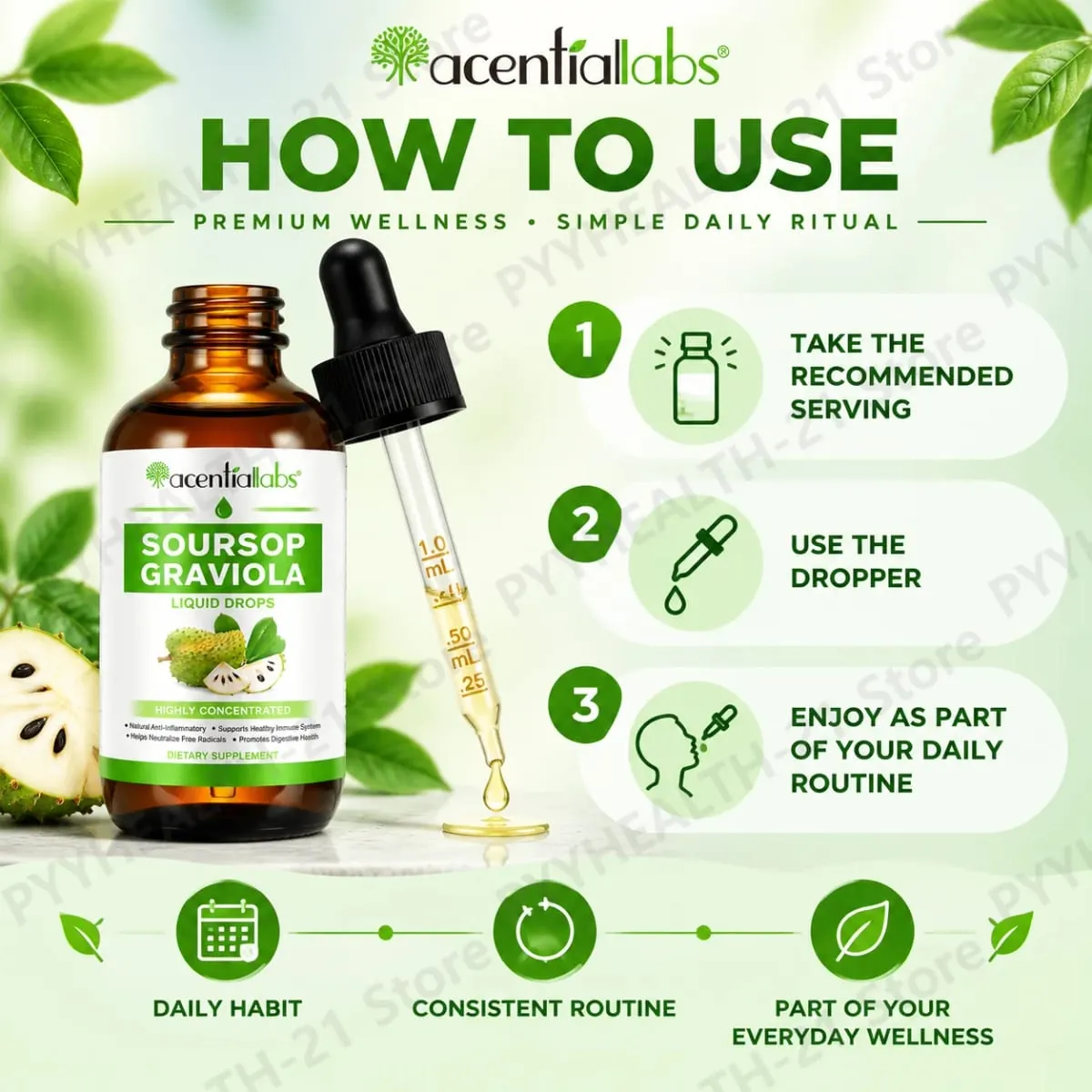 AcentiLabs Soursop Graviola Liquid Drops Vitamin C Supports Digestive Health Immune System Free Radical Defense 60ml for Adults