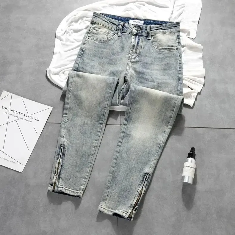 Cargo Old Retro Light-colored Trousers Zipper Jeans Men's New Trendy Elastic Slim-fitting Small-footed Trousers Denim Man Pants — image 8