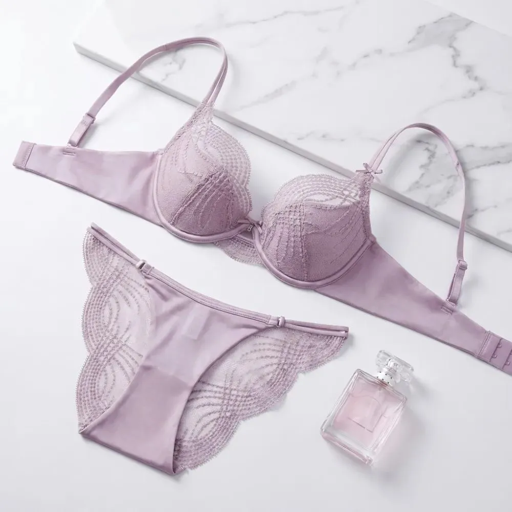 Comfortable Hollow Thin Cup Women Lingerie Set Silk Satin Seamless Push Up Bra Set French Style Sexy Underwear Women Intimates