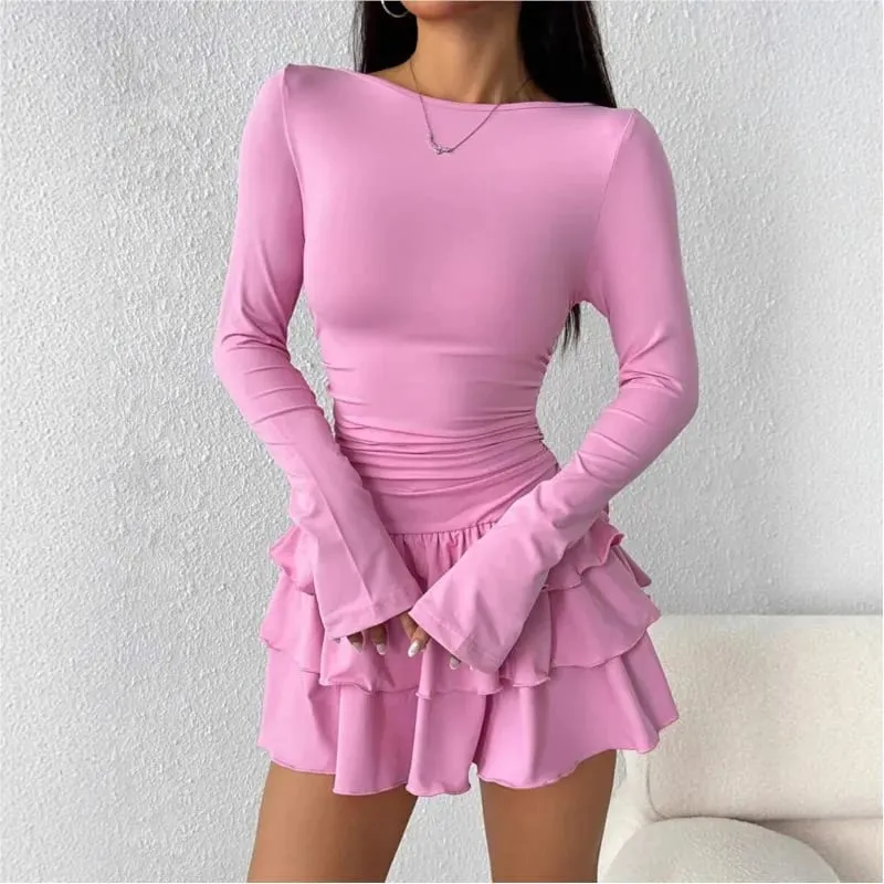 Temperament Dresses 2025 Woman Mini vestidos Simple Style Elegant French Bodycon Slim Pleated Fashion Long Sleeve Commuting Sexy