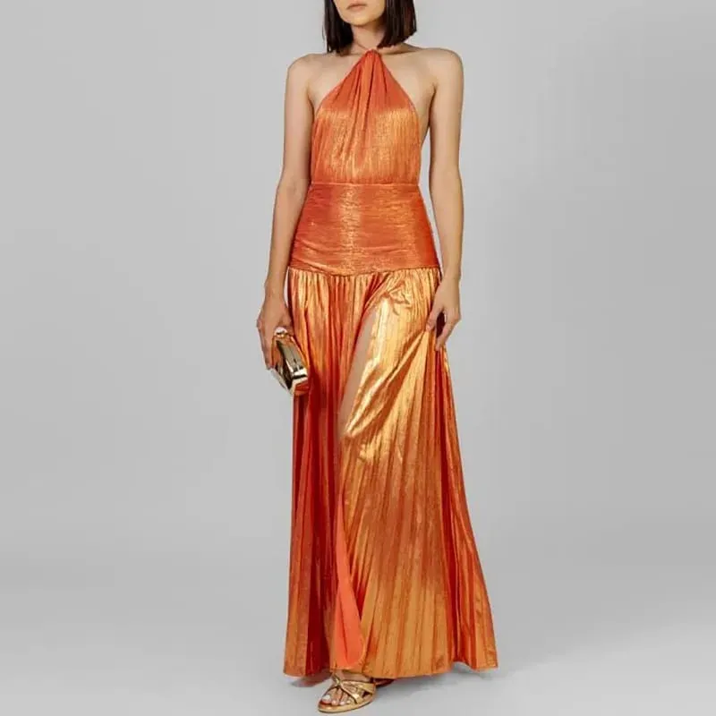 ทองเซ็กซี่ Halter สูงแยกชุดราตรีผู้หญิง Chic Solid Hollow จีบยาวชุดฤดูใบไม้ผลิฤดูร้อน Backless Zip Maxi ชุด