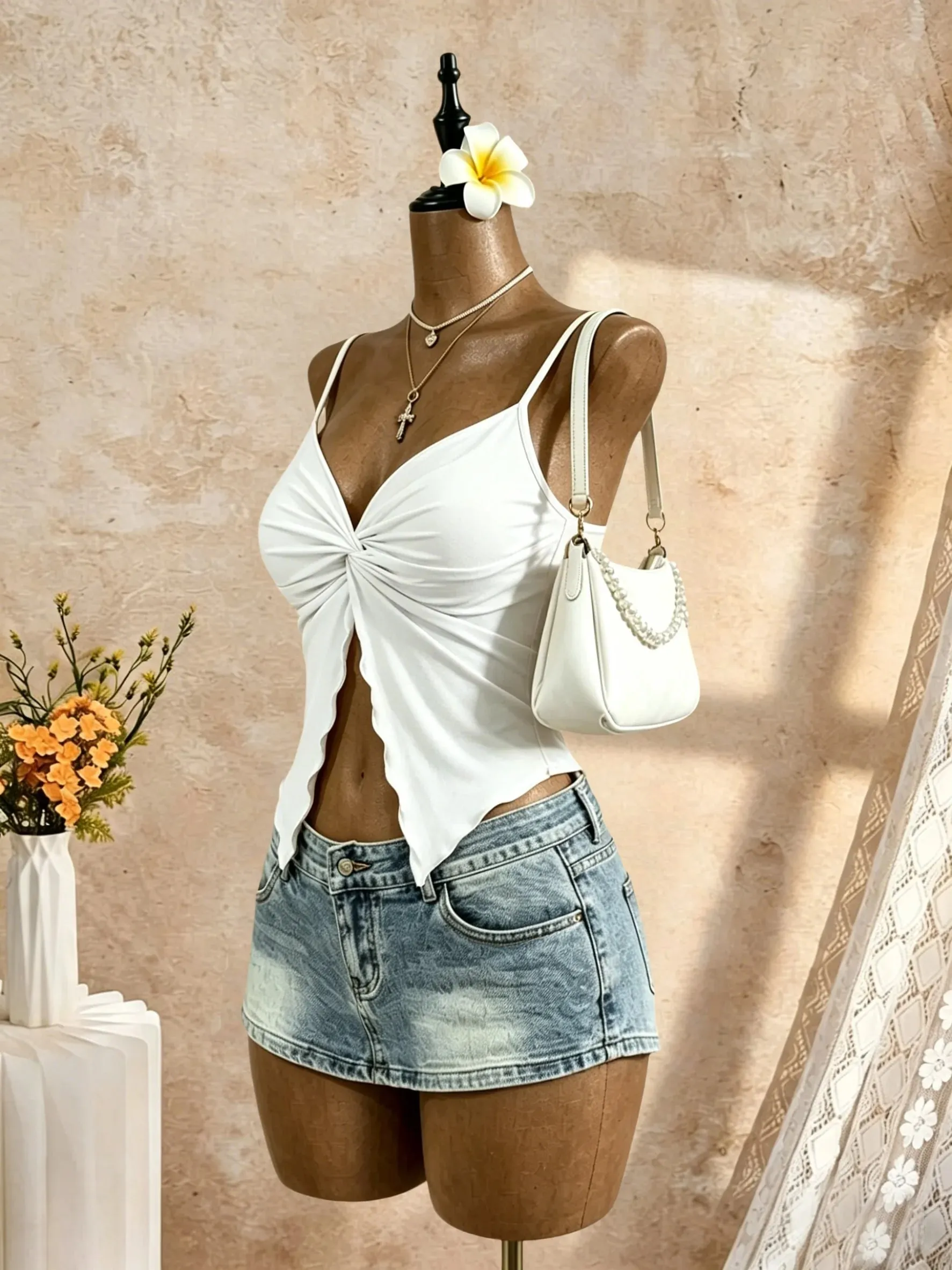 Women Spaghetti Strap V Neck Twist Front Cut Out Ruffle Irregular Hem Slim Fit Crop Cami Top 2026 Summer Y2K Solid White Sleevel