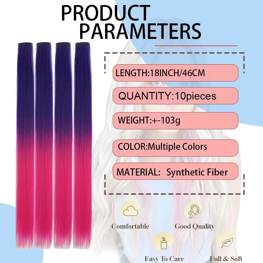 10pcs Colored Party Highlights Clip in Hair Extensions for Girls 18 inches Omber 2 colors Straight Hair Synthetic Hairpieces