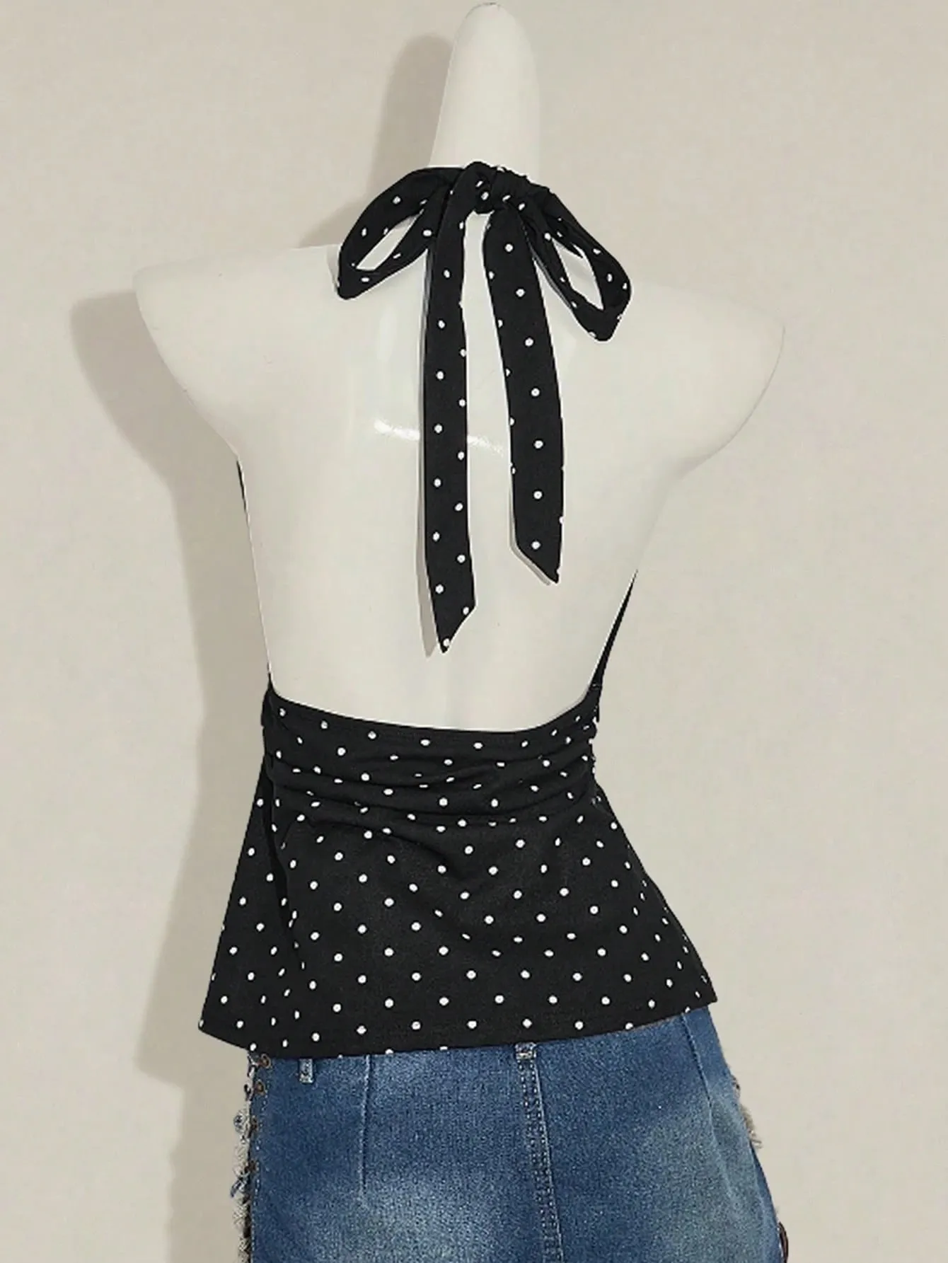 Ladies Polka Dot Backless Strap Top with Waist Pleating Design Adjustable Neck Strap Backless Strap Ladies Shirt