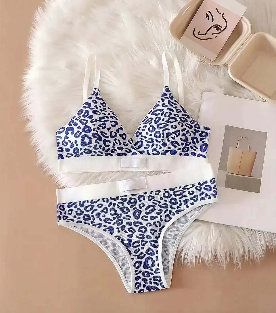 Low Waist Leopard Print Bra and Panty Lingerie Set Comfortable Daily Wear Soft Underwear Two Piece Intimate Apparel