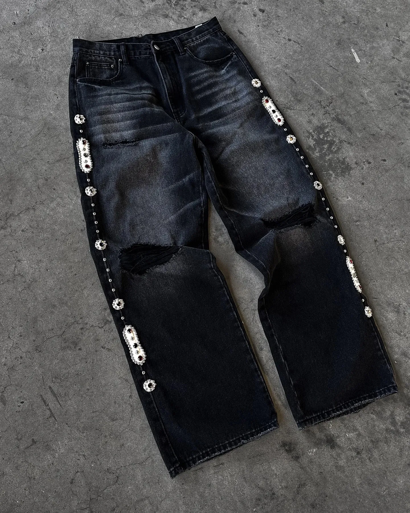 Gothic Diamond Punk Hip Hop Men's Slim Jeans Damaged Destroyed Hole Baggy Denim Long Trouser Pants Y2k Streetwear Ripped Jeans — image 7